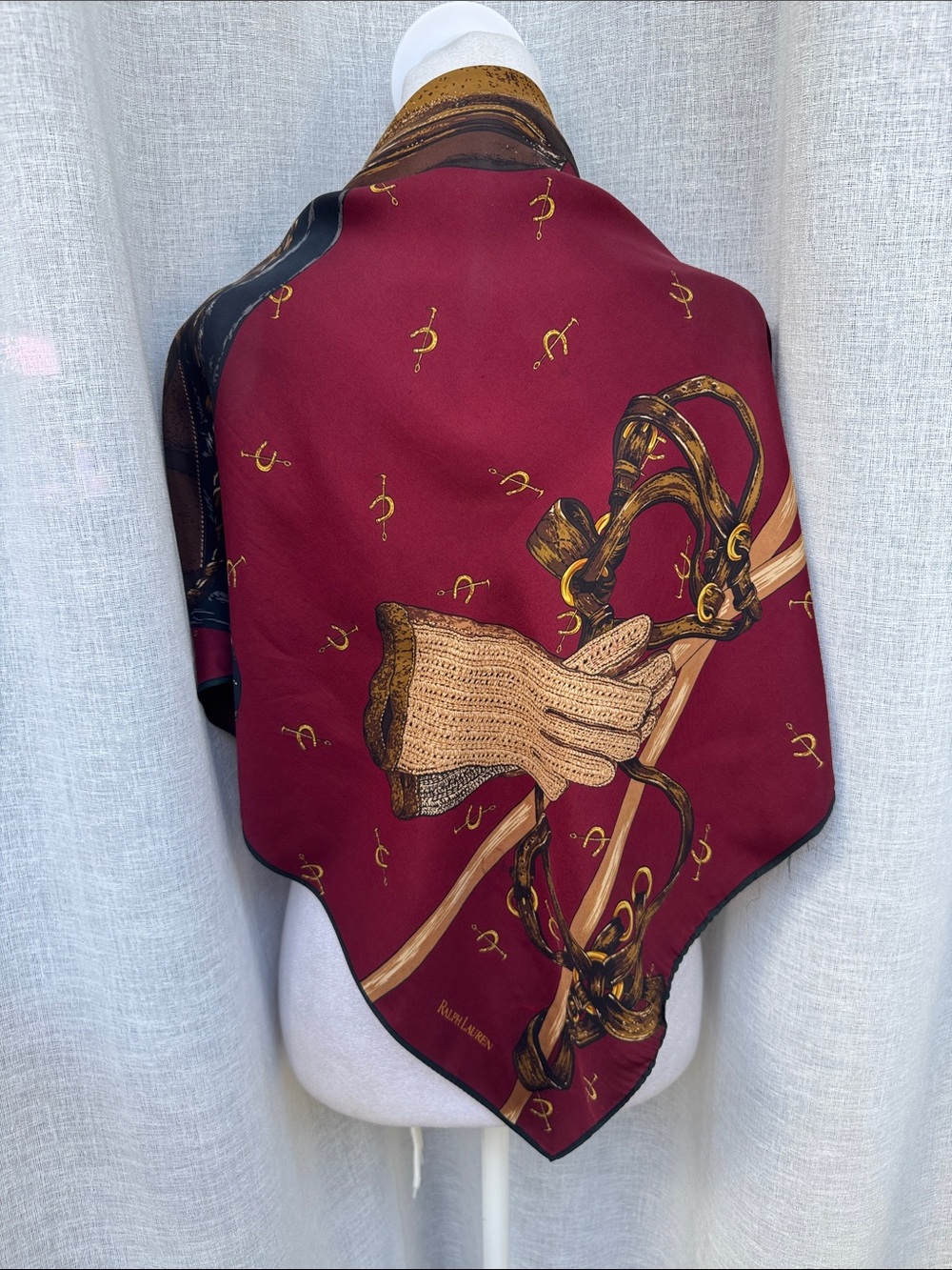 Ralph Lauren equestrian silk scarf burgundy leather saddle tall riding boots